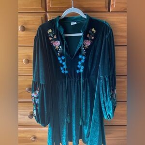 Green velvet boho dress with embroidery